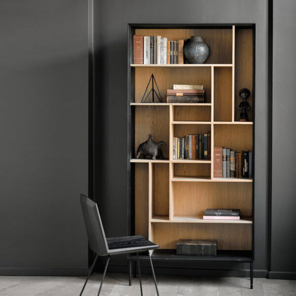 Modern teak wood book cabinet with open shelves and black frame – perfect for home or office in Malaysia