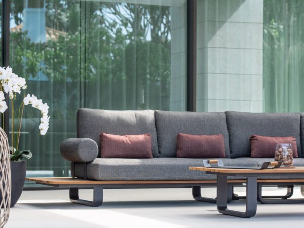 Bay Large Corner Group Set with 4 Waist Pillows and Teak Table in Olive Green
