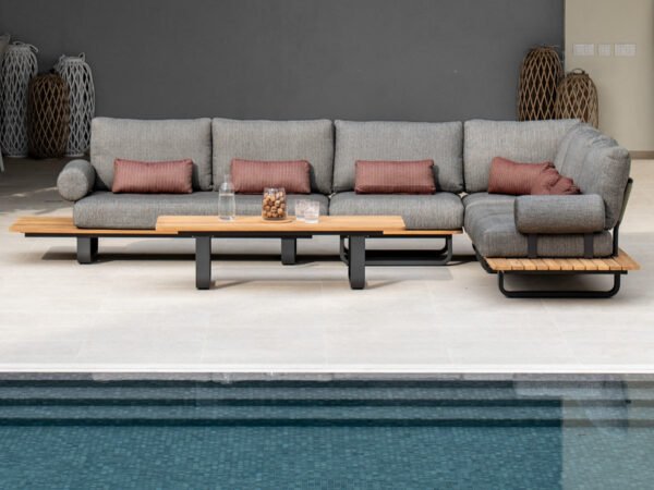 Bay Large Corner Group Set with 4 Waist Pillows and Teak Table in Olive Green