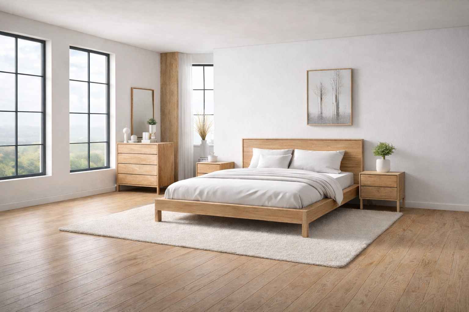 Minimalist Scandinavian bedroom with oak furniture
