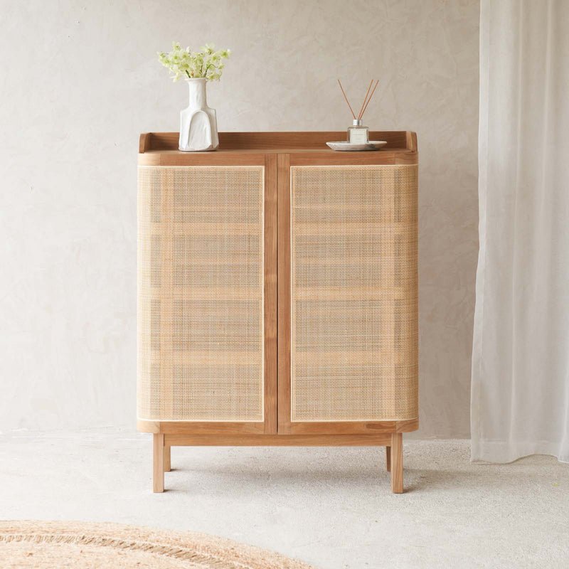 teak rattan shoe cabinet