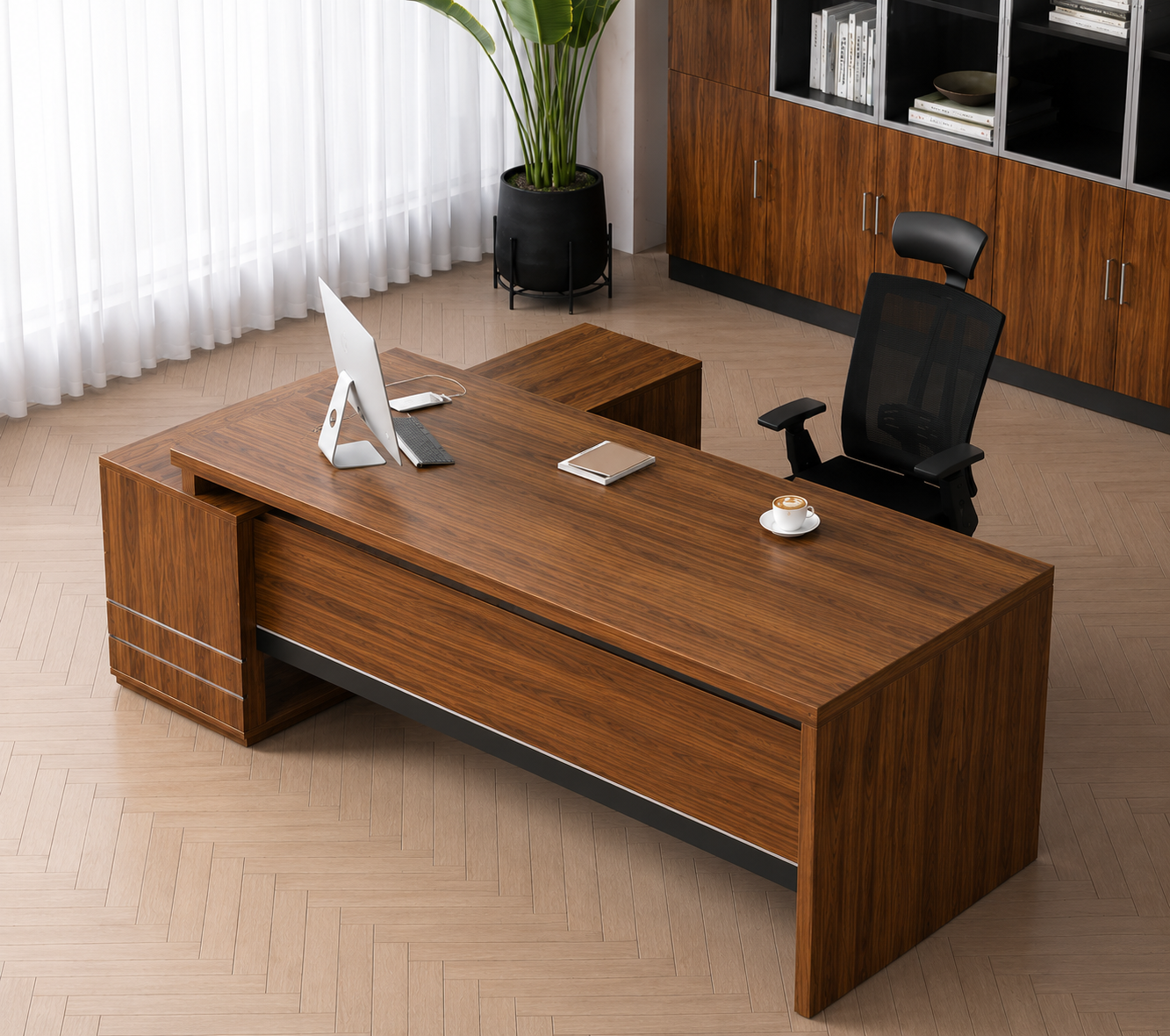 Modern Solid Teak Executive Office Desk 2 Modern solid teak executive office desk handcrafted from premium Indonesian teak wood with a minimalist design.